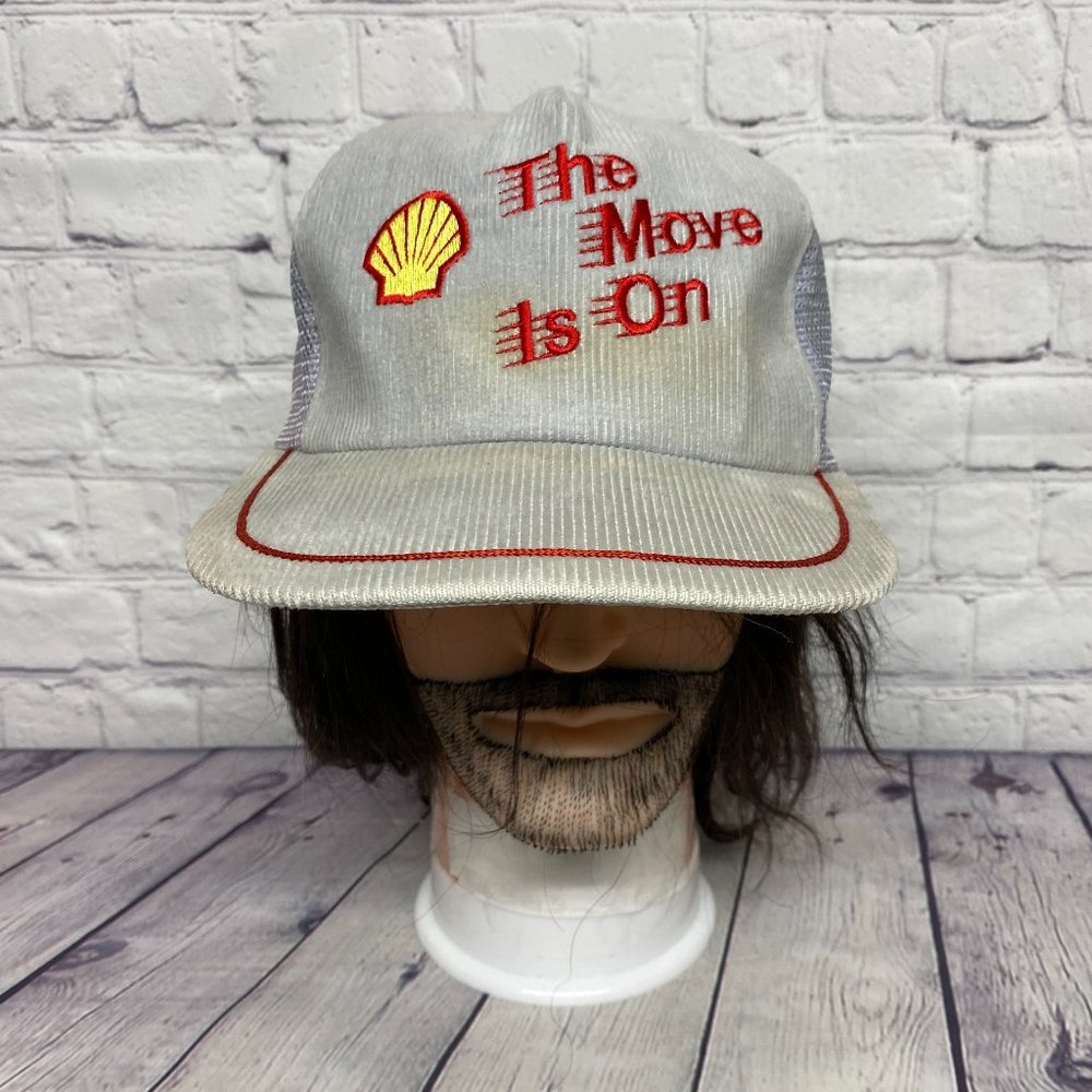 Vintage Shell Corduroy Hat Cap Snapback Gray Trucker Mesh The Move is On 80s